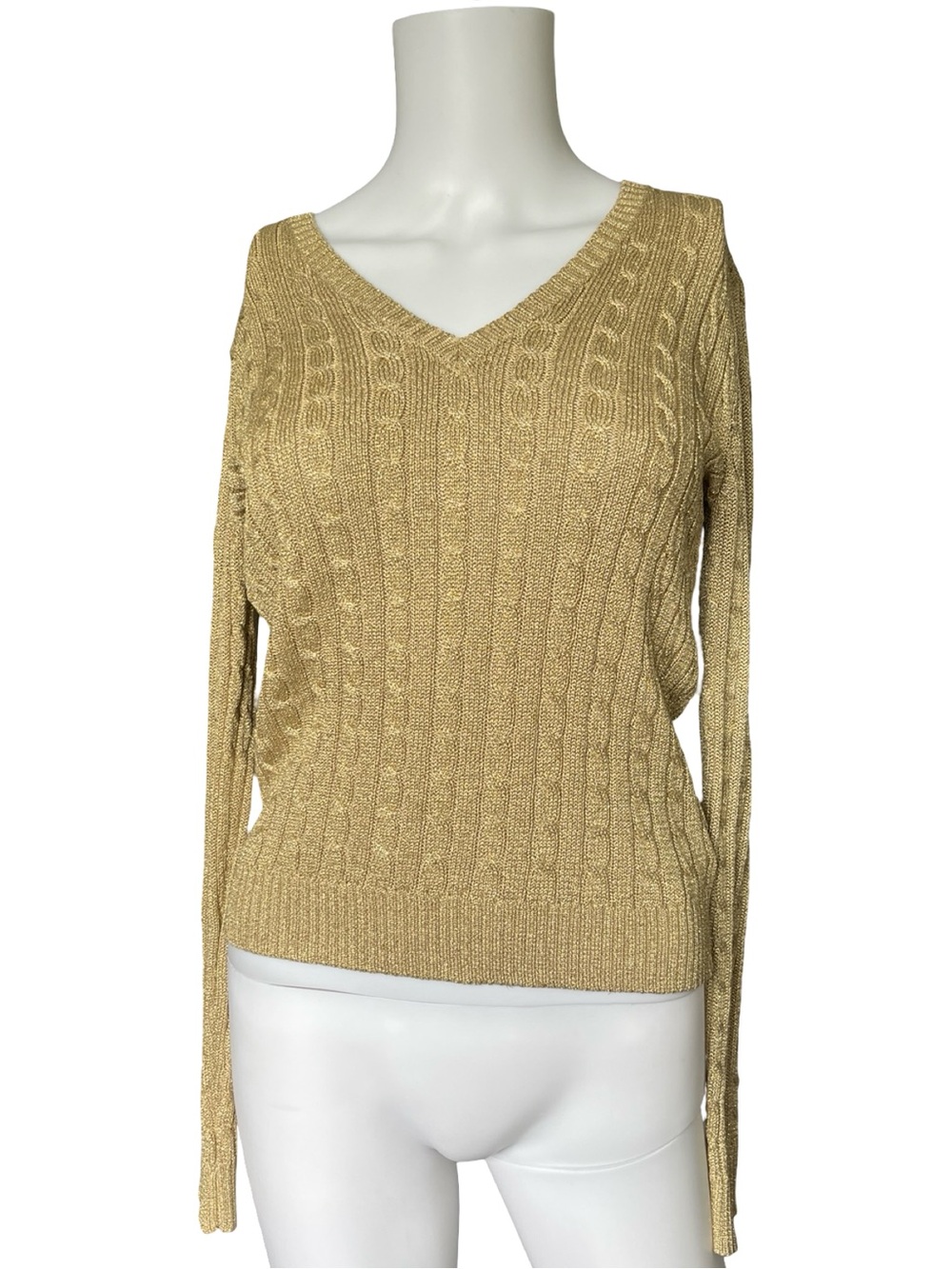 Lauren Ralph Lauren Gold Metallic Cable Knit V-Neck Sweater Long Sleeve Size PS